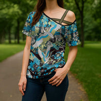 Japanese Hawaiian Crane Cross Shoulder Shirt Blue Tapa Patchwork Pattern LT9 - Polynesian Pride