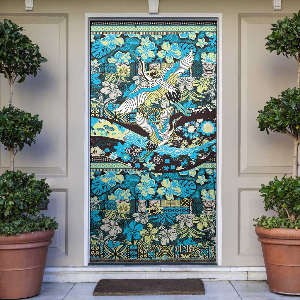 Japanese Hawaiian Crane Door Cover Blue Tapa Patchwork Pattern LT9 Blue - Polynesian Pride