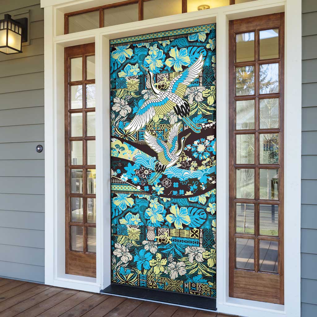 Japanese Hawaiian Crane Door Cover Blue Tapa Patchwork Pattern LT9 - Polynesian Pride
