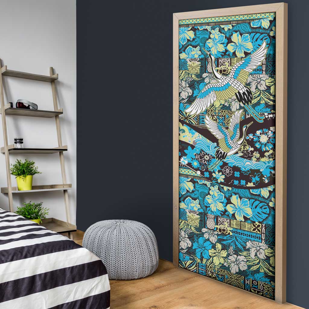 Japanese Hawaiian Crane Door Cover Blue Tapa Patchwork Pattern LT9 - Polynesian Pride