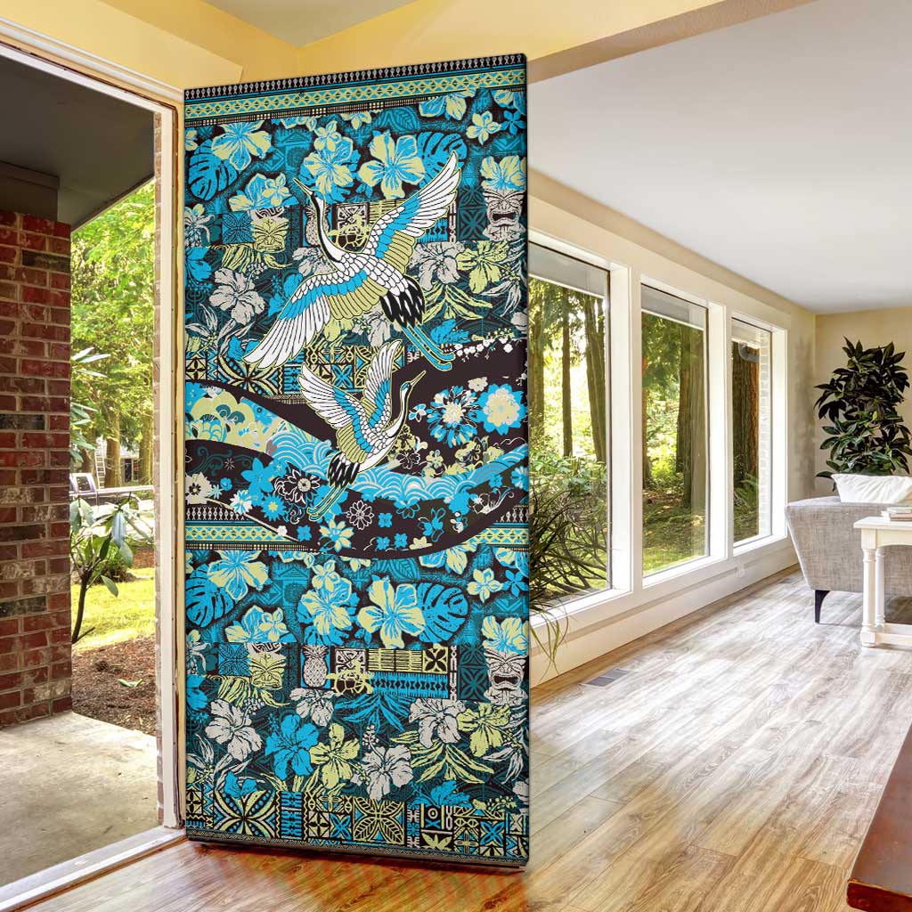 Japanese Hawaiian Crane Door Cover Blue Tapa Patchwork Pattern LT9 - Polynesian Pride