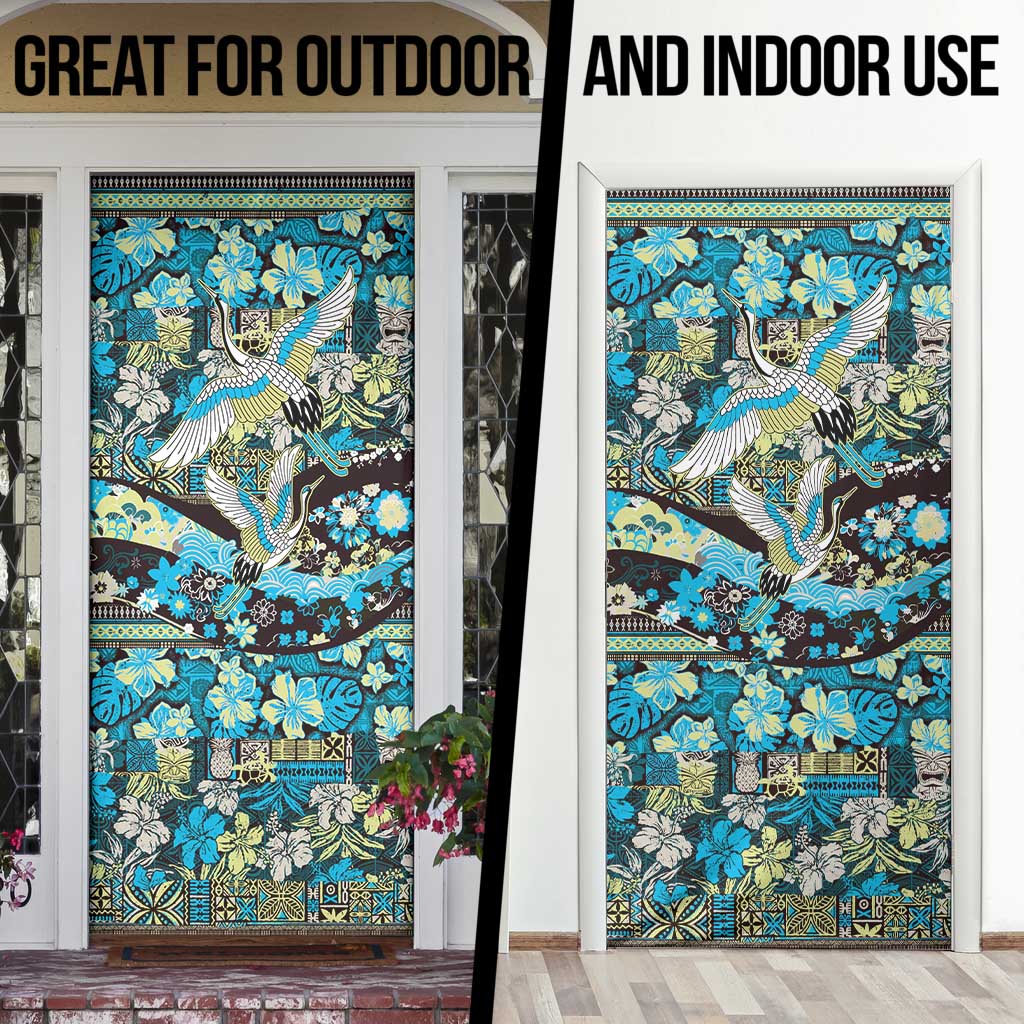 Japanese Hawaiian Crane Door Cover Blue Tapa Patchwork Pattern LT9 - Polynesian Pride