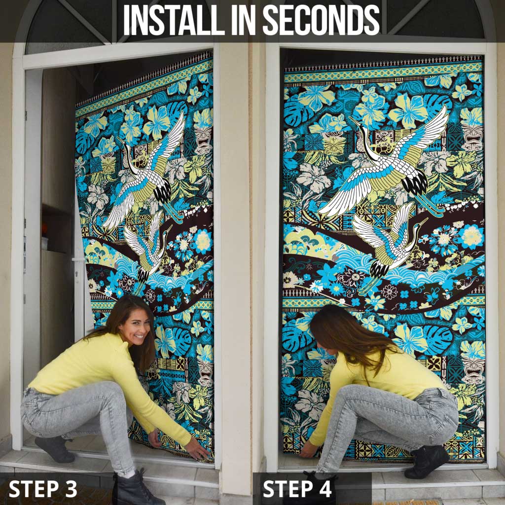 Japanese Hawaiian Crane Door Cover Blue Tapa Patchwork Pattern LT9 - Polynesian Pride