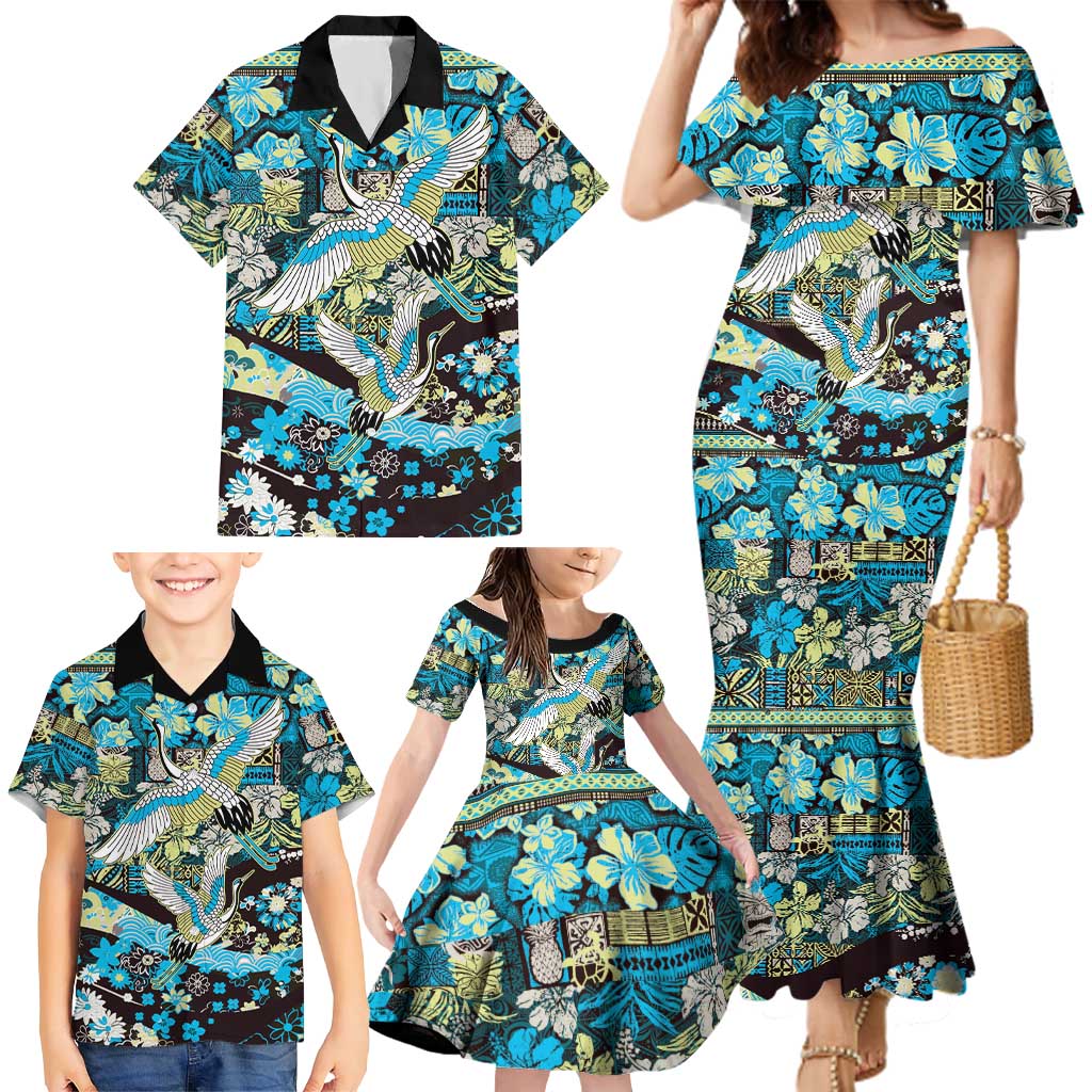 Japanese Hawaiian Crane Family Matching Mermaid Dress and Hawaiian Shirt Blue Tapa Patchwork Pattern LT9 - Polynesian Pride