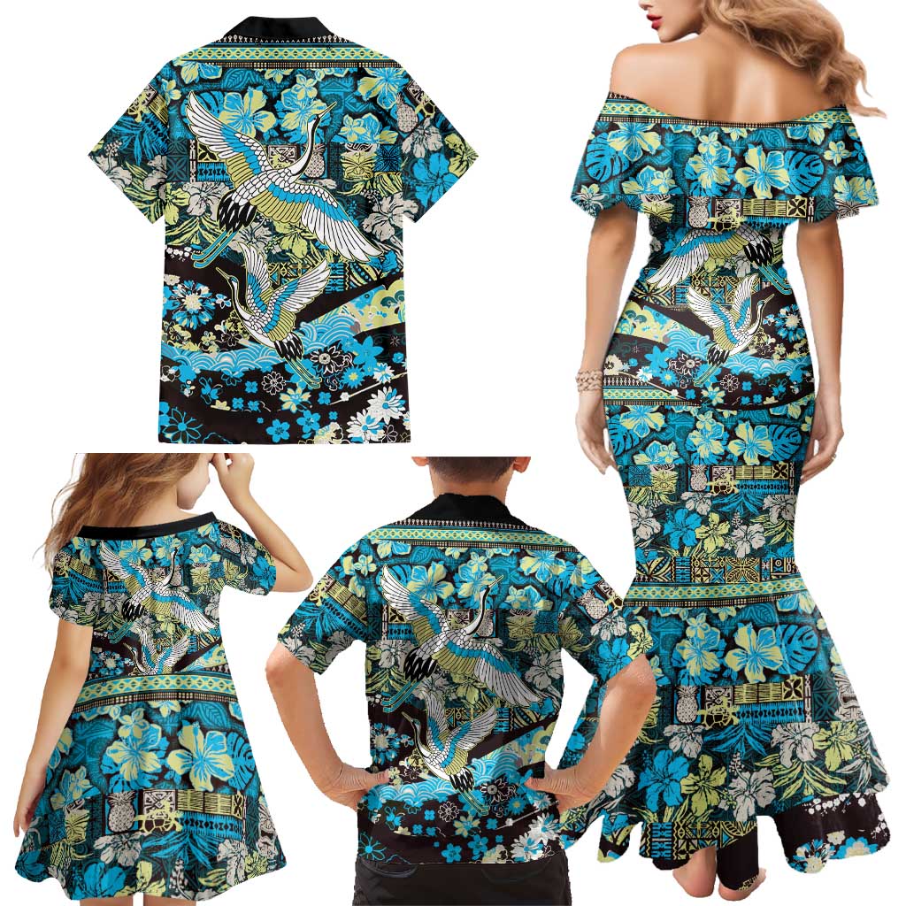 Japanese Hawaiian Crane Family Matching Mermaid Dress and Hawaiian Shirt Blue Tapa Patchwork Pattern LT9 - Polynesian Pride