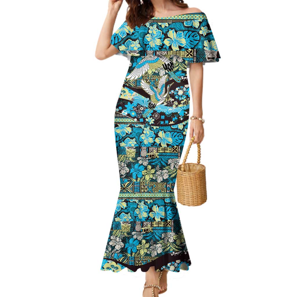 Japanese Hawaiian Crane Family Matching Mermaid Dress and Hawaiian Shirt Blue Tapa Patchwork Pattern LT9 Mom's Dress Blue - Polynesian Pride
