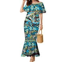 Japanese Hawaiian Crane Family Matching Mermaid Dress and Hawaiian Shirt Blue Tapa Patchwork Pattern LT9 Mom's Dress Blue - Polynesian Pride
