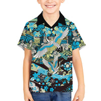 Japanese Hawaiian Crane Family Matching Mermaid Dress and Hawaiian Shirt Blue Tapa Patchwork Pattern LT9 Son's Shirt Blue - Polynesian Pride