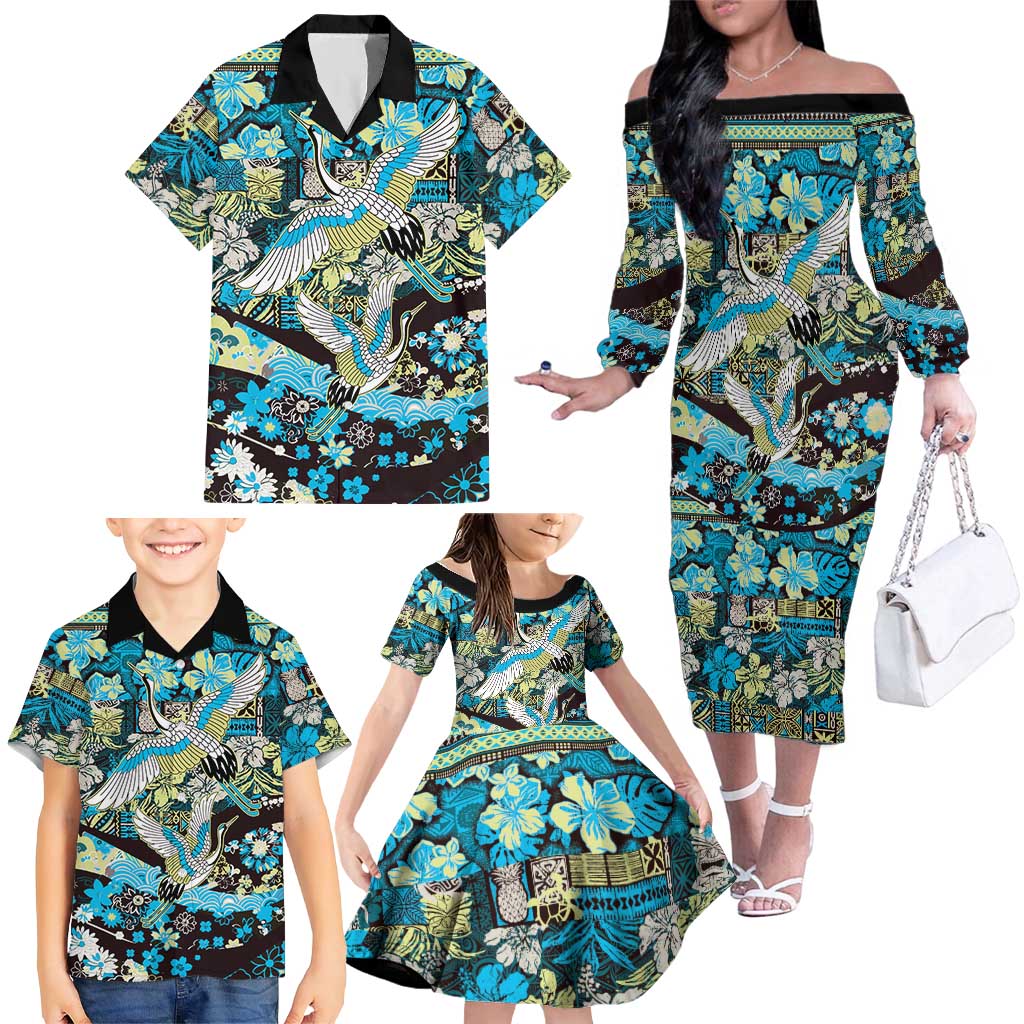 Japanese Hawaiian Crane Family Matching Off The Shoulder Long Sleeve Dress and Hawaiian Shirt Blue Tapa Patchwork Pattern LT9 - Polynesian Pride