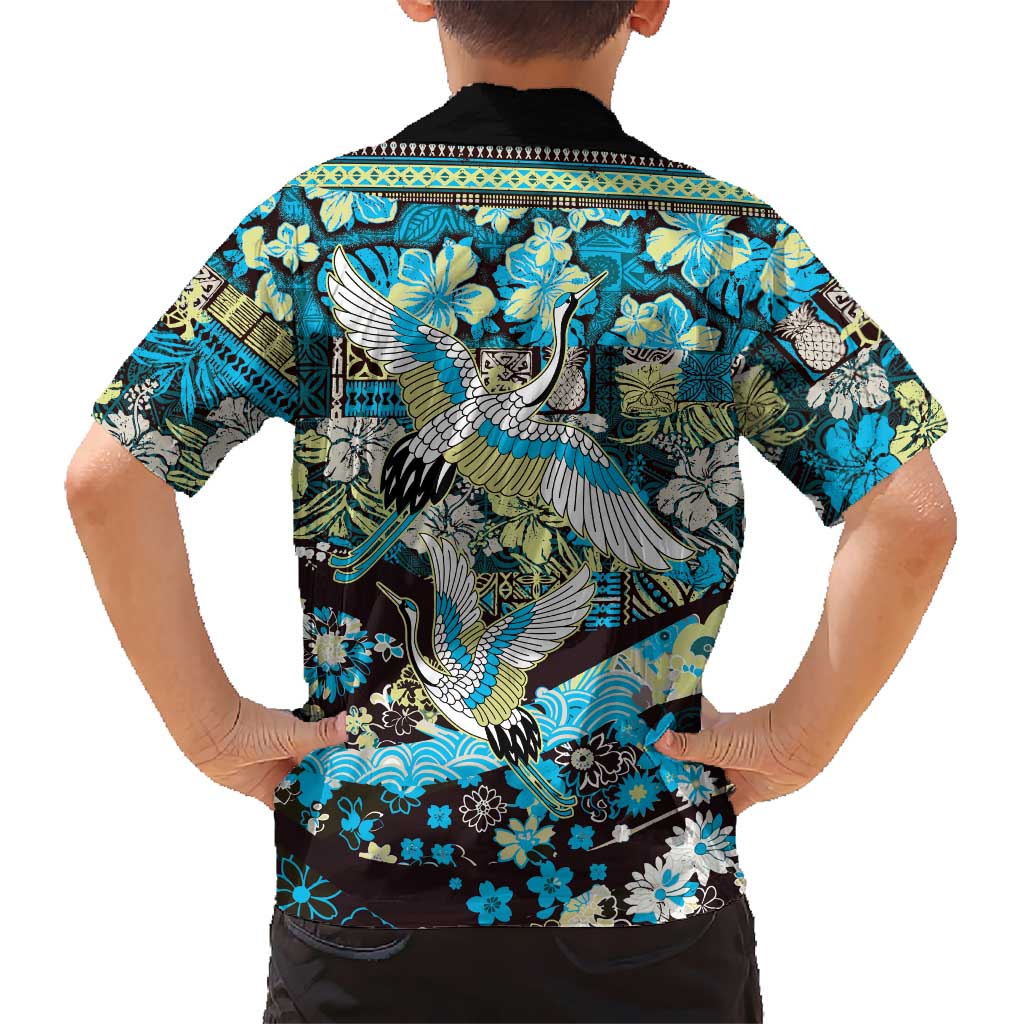 Japanese Hawaiian Crane Family Matching Off Shoulder Maxi Dress and Hawaiian Shirt Blue Tapa Patchwork Pattern LT9 - Polynesian Pride
