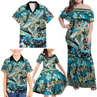 Japanese Hawaiian Crane Family Matching Off Shoulder Maxi Dress and Hawaiian Shirt Blue Tapa Patchwork Pattern LT9 - Polynesian Pride