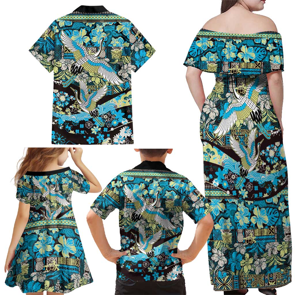 Japanese Hawaiian Crane Family Matching Off Shoulder Maxi Dress and Hawaiian Shirt Blue Tapa Patchwork Pattern LT9 - Polynesian Pride