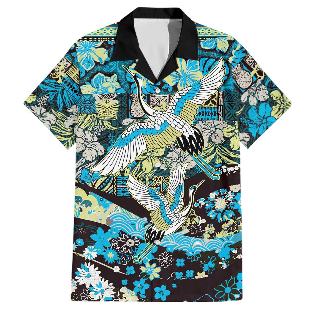 Japanese Hawaiian Crane Family Matching Off Shoulder Maxi Dress and Hawaiian Shirt Blue Tapa Patchwork Pattern LT9 Dad's Shirt - Short Sleeve Blue - Polynesian Pride