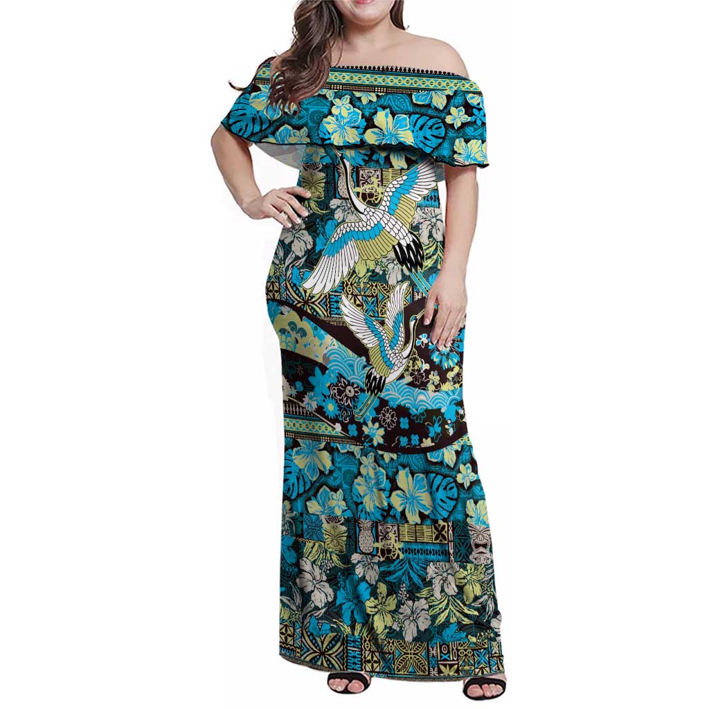Japanese Hawaiian Crane Family Matching Off Shoulder Maxi Dress and Hawaiian Shirt Blue Tapa Patchwork Pattern LT9 Mom's Dress Blue - Polynesian Pride