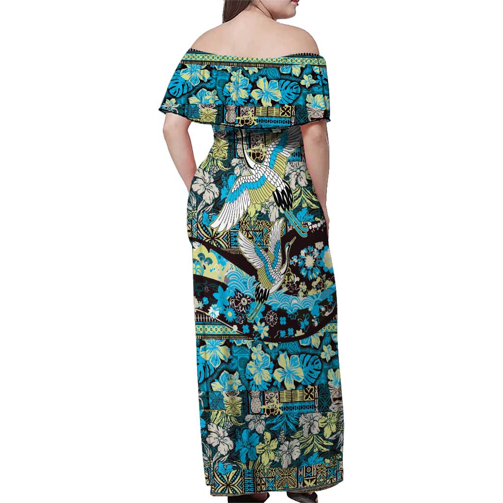 Japanese Hawaiian Crane Family Matching Off Shoulder Maxi Dress and Hawaiian Shirt Blue Tapa Patchwork Pattern LT9 - Polynesian Pride