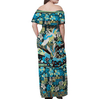 Japanese Hawaiian Crane Family Matching Off Shoulder Maxi Dress and Hawaiian Shirt Blue Tapa Patchwork Pattern LT9 - Polynesian Pride