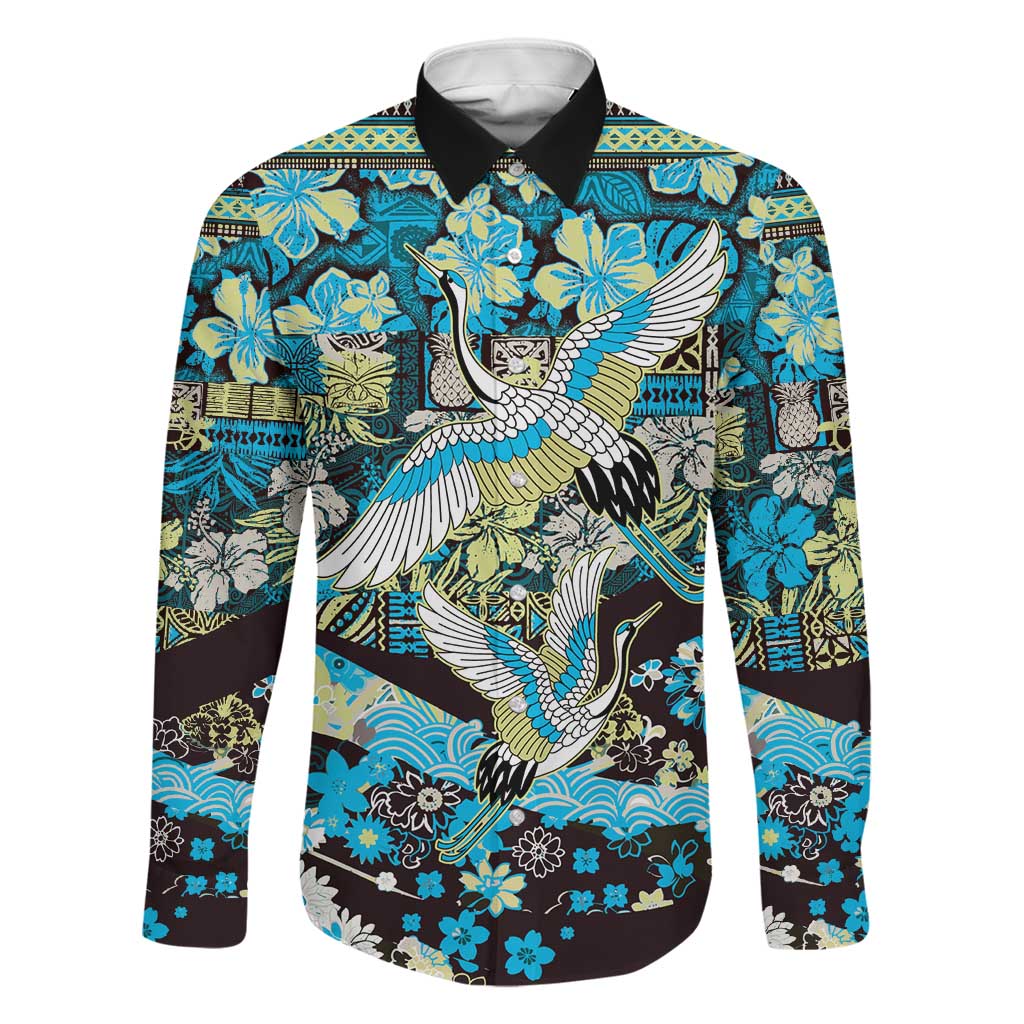 Japanese Hawaiian Crane Family Matching Off Shoulder Short Dress and Hawaiian Shirt Blue Tapa Patchwork Pattern