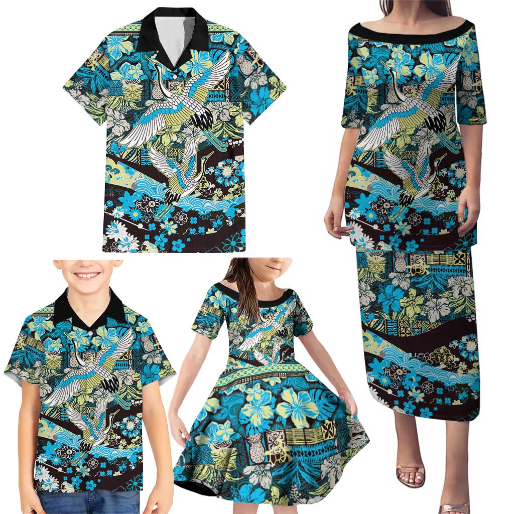 Japanese Hawaiian Crane Family Matching Puletasi and Hawaiian Shirt Blue Tapa Patchwork Pattern LT9 - Polynesian Pride