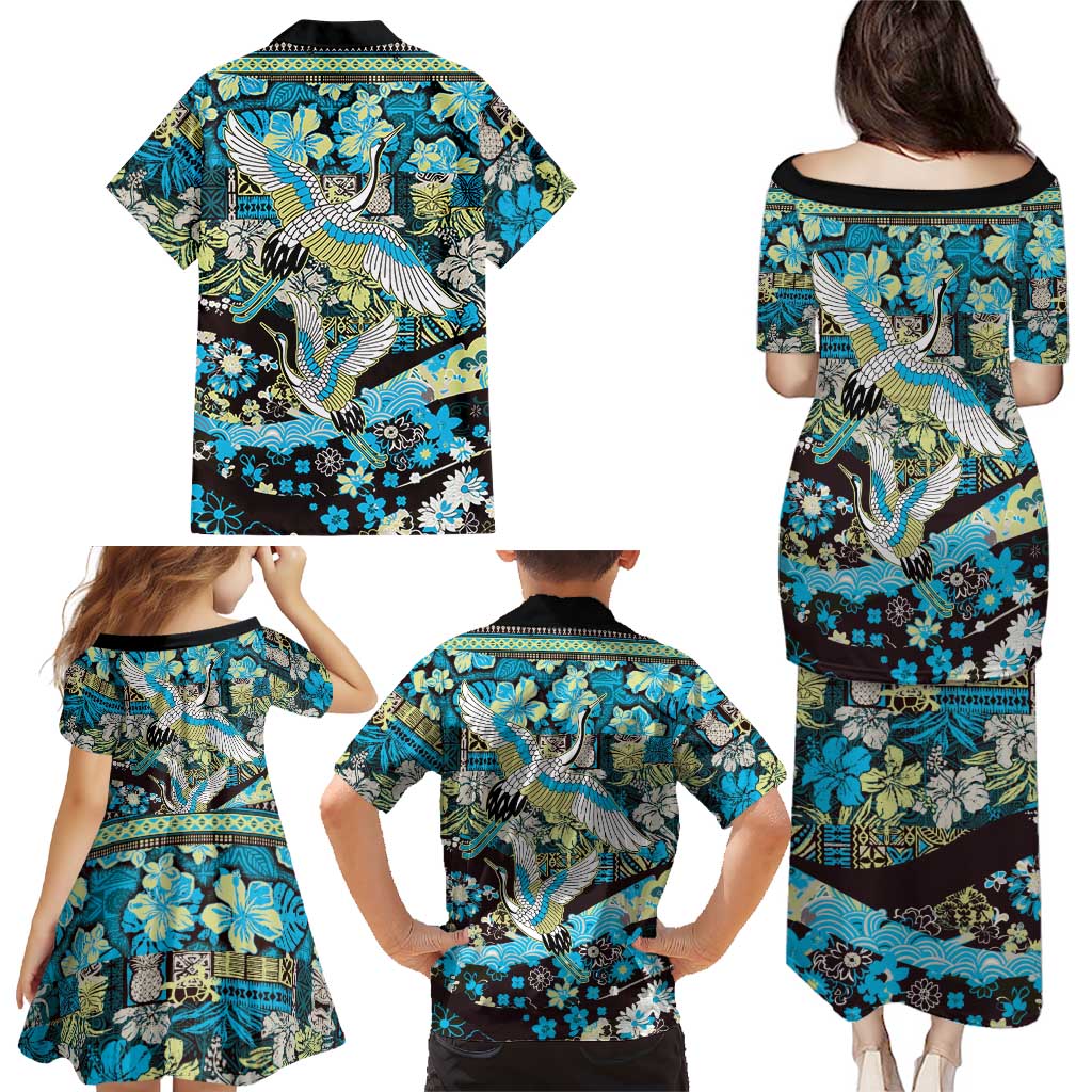 Japanese Hawaiian Crane Family Matching Puletasi and Hawaiian Shirt Blue Tapa Patchwork Pattern LT9 - Polynesian Pride