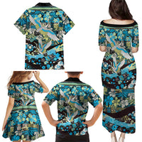 Japanese Hawaiian Crane Family Matching Puletasi and Hawaiian Shirt Blue Tapa Patchwork Pattern LT9 - Polynesian Pride