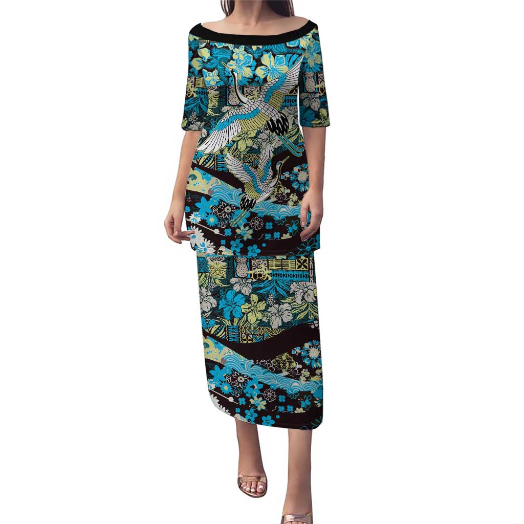 Japanese Hawaiian Crane Family Matching Puletasi and Hawaiian Shirt Blue Tapa Patchwork Pattern LT9 Mom's Dress Blue - Polynesian Pride