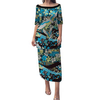 Japanese Hawaiian Crane Family Matching Puletasi and Hawaiian Shirt Blue Tapa Patchwork Pattern LT9 Mom's Dress Blue - Polynesian Pride