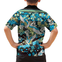 Japanese Hawaiian Crane Family Matching Summer Maxi Dress and Hawaiian Shirt Blue Tapa Patchwork Pattern LT9 - Polynesian Pride