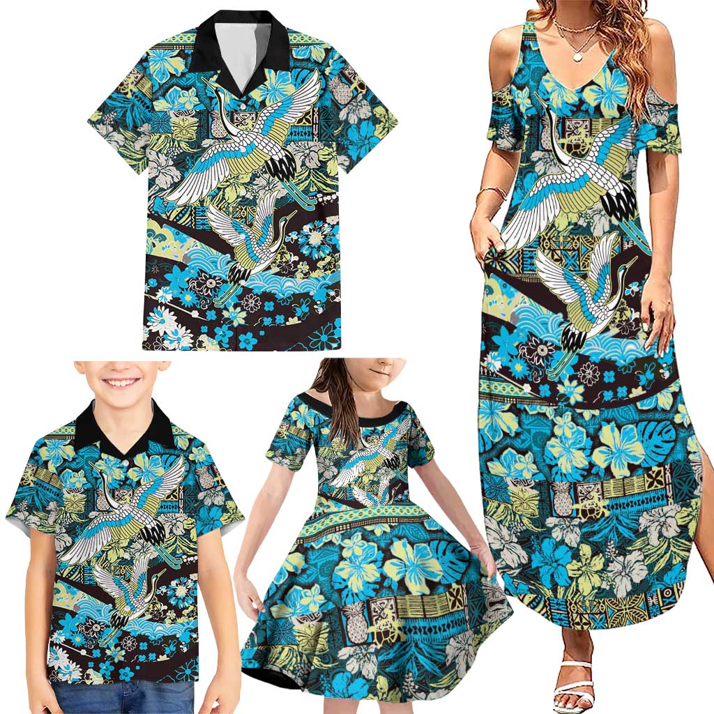 Japanese Hawaiian Crane Family Matching Summer Maxi Dress and Hawaiian Shirt Blue Tapa Patchwork Pattern LT9 - Polynesian Pride