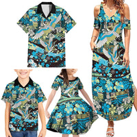 Japanese Hawaiian Crane Family Matching Summer Maxi Dress and Hawaiian Shirt Blue Tapa Patchwork Pattern LT9 - Polynesian Pride