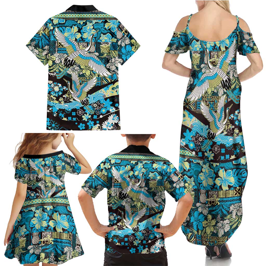 Japanese Hawaiian Crane Family Matching Summer Maxi Dress and Hawaiian Shirt Blue Tapa Patchwork Pattern LT9 - Polynesian Pride