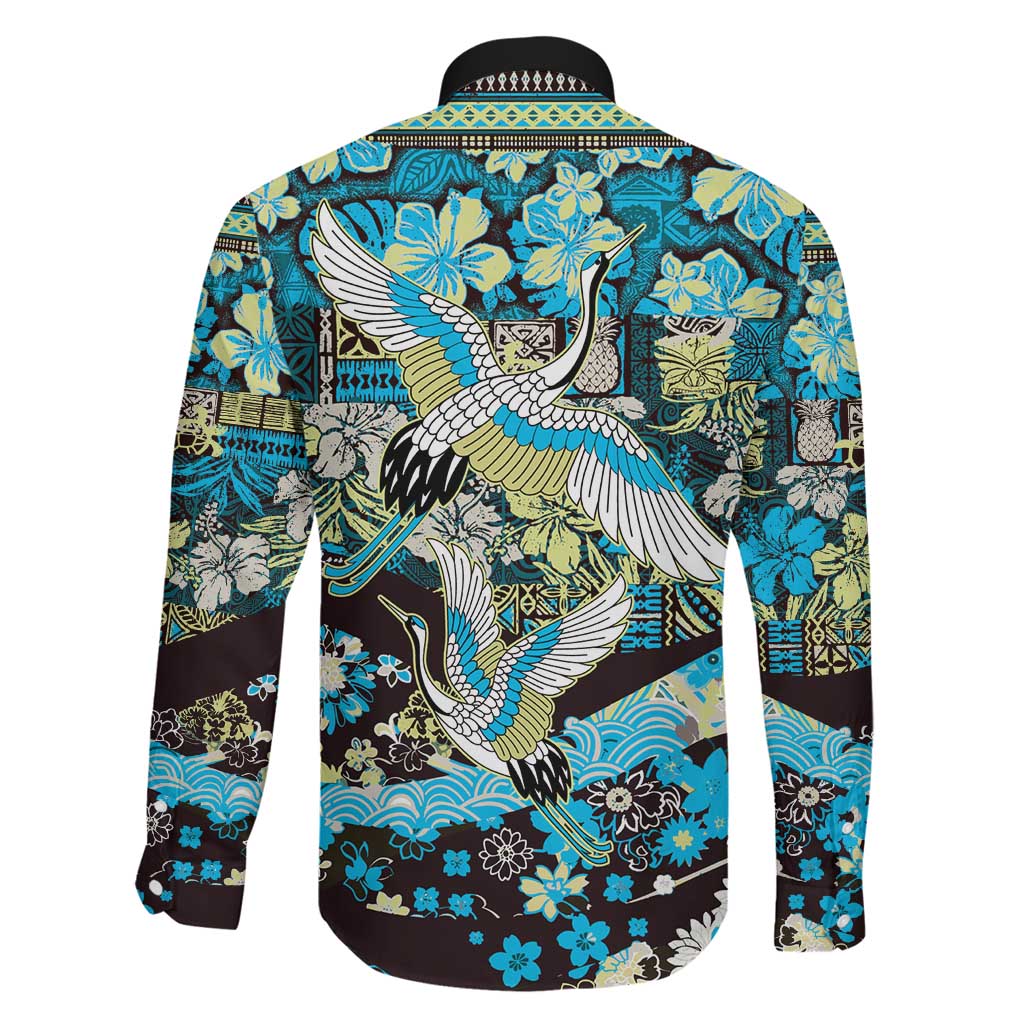 Japanese Hawaiian Crane Family Matching Summer Maxi Dress and Hawaiian Shirt Blue Tapa Patchwork Pattern LT9 - Polynesian Pride