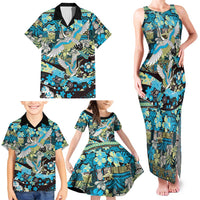 Japanese Hawaiian Crane Family Matching Tank Maxi Dress and Hawaiian Shirt Blue Tapa Patchwork Pattern LT9 - Polynesian Pride