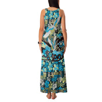 Japanese Hawaiian Crane Family Matching Tank Maxi Dress and Hawaiian Shirt Blue Tapa Patchwork Pattern LT9 - Polynesian Pride