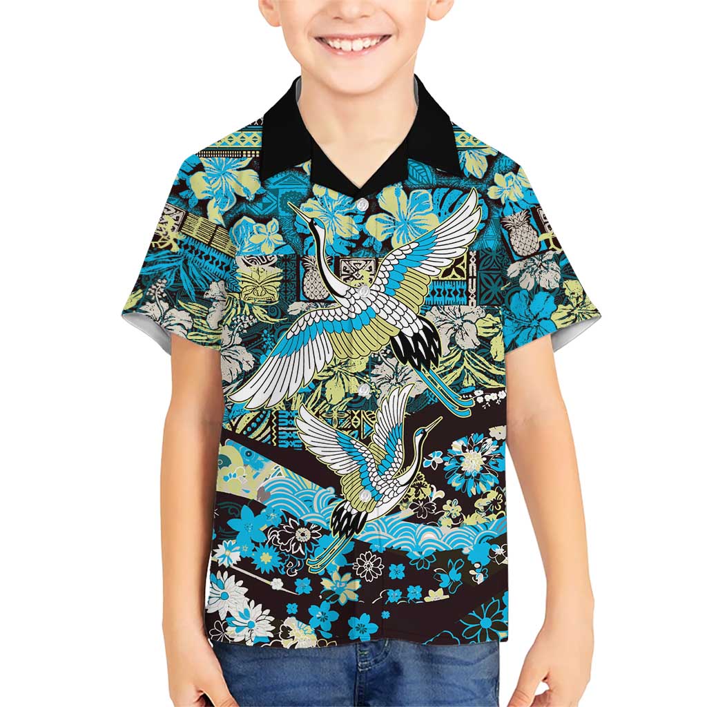 Japanese Hawaiian Crane Family Matching Tank Maxi Dress and Hawaiian Shirt Blue Tapa Patchwork Pattern LT9 Son's Shirt Blue - Polynesian Pride