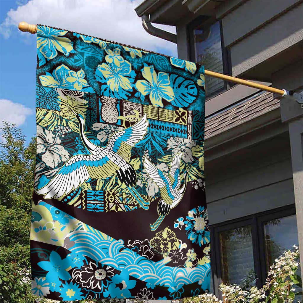 Japanese Hawaiian Crane Garden Flag Blue Tapa Patchwork Pattern LT9 - Polynesian Pride