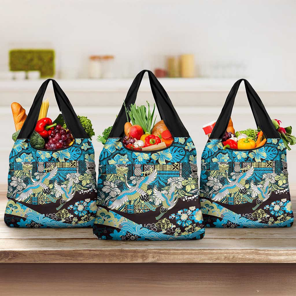 Japanese Hawaiian Crane Grocery Bag Blue Tapa Patchwork Pattern LT9 3-pack One Size Blue - Polynesian Pride