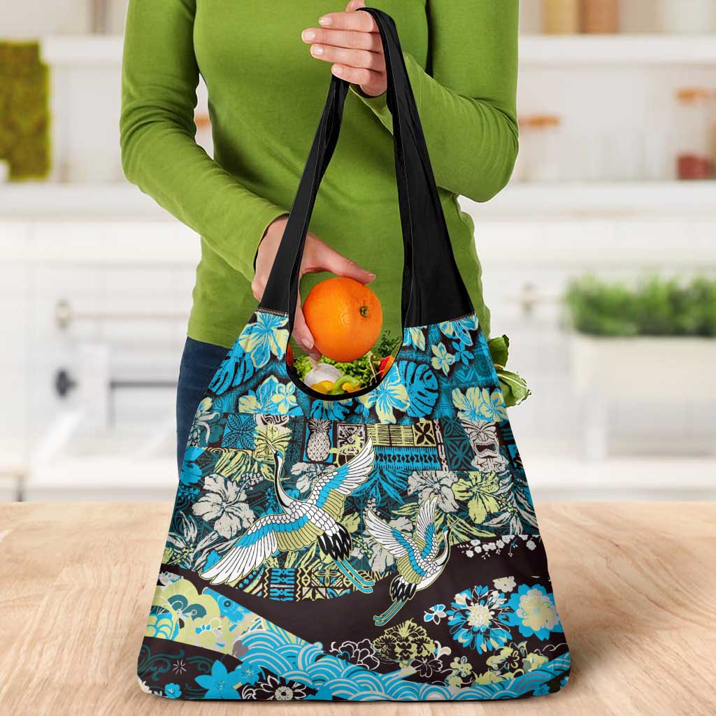 Japanese Hawaiian Crane Grocery Bag Blue Tapa Patchwork Pattern LT9 - Polynesian Pride