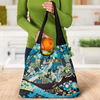 Japanese Hawaiian Crane Grocery Bag Blue Tapa Patchwork Pattern LT9 - Polynesian Pride