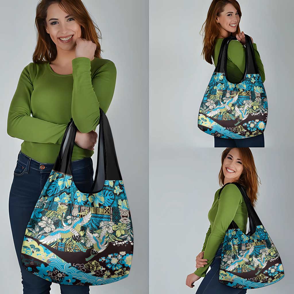 Japanese Hawaiian Crane Grocery Bag Blue Tapa Patchwork Pattern LT9 - Polynesian Pride