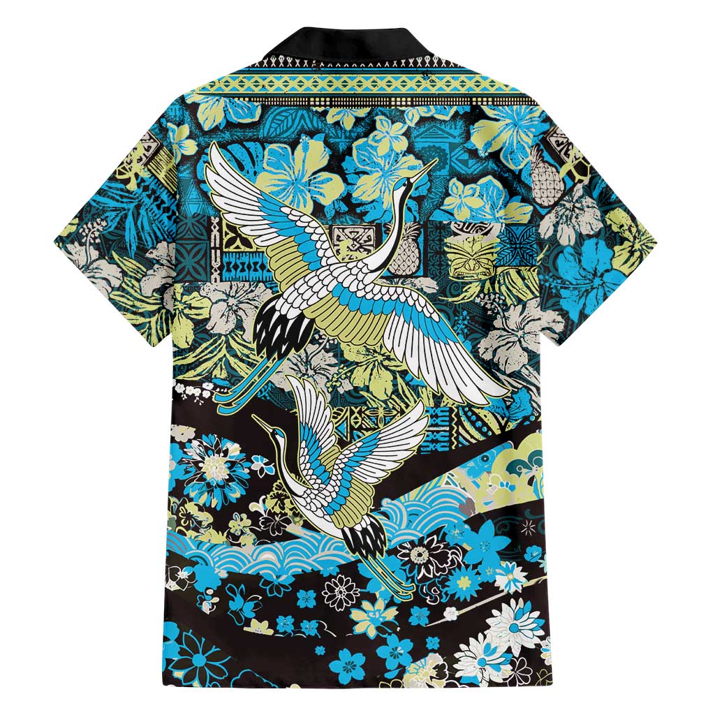 Japanese Hawaiian Crane Hawaiian Shirt Blue Tapa Patchwork Pattern