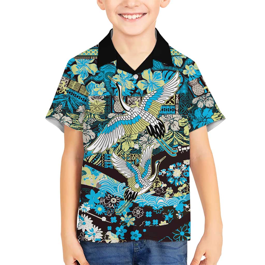Japanese Hawaiian Crane Hawaiian Shirt Blue Tapa Patchwork Pattern