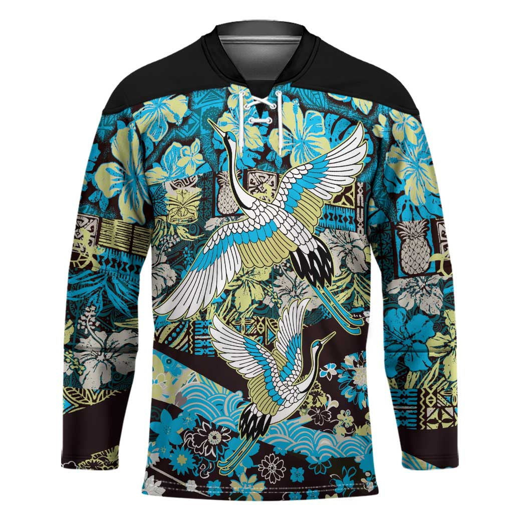 Japanese Hawaiian Crane Hockey Jersey Blue Tapa Patchwork Pattern LT9 Unisex Blue - Polynesian Pride