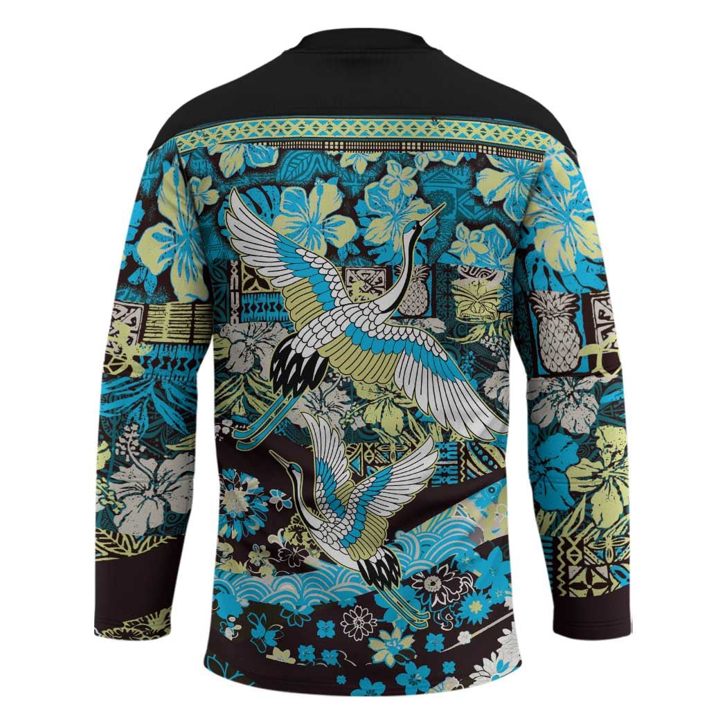 Japanese Hawaiian Crane Hockey Jersey Blue Tapa Patchwork Pattern LT9 - Polynesian Pride