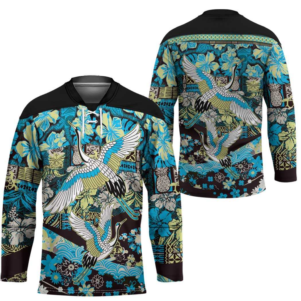 Japanese Hawaiian Crane Hockey Jersey Blue Tapa Patchwork Pattern LT9 - Polynesian Pride