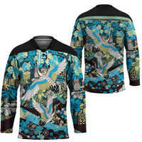 Japanese Hawaiian Crane Hockey Jersey Blue Tapa Patchwork Pattern LT9 - Polynesian Pride