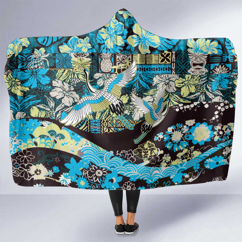 Japanese Hawaiian Crane Hooded Blanket Blue Tapa Patchwork Pattern LT9 One Size Blue - Polynesian Pride