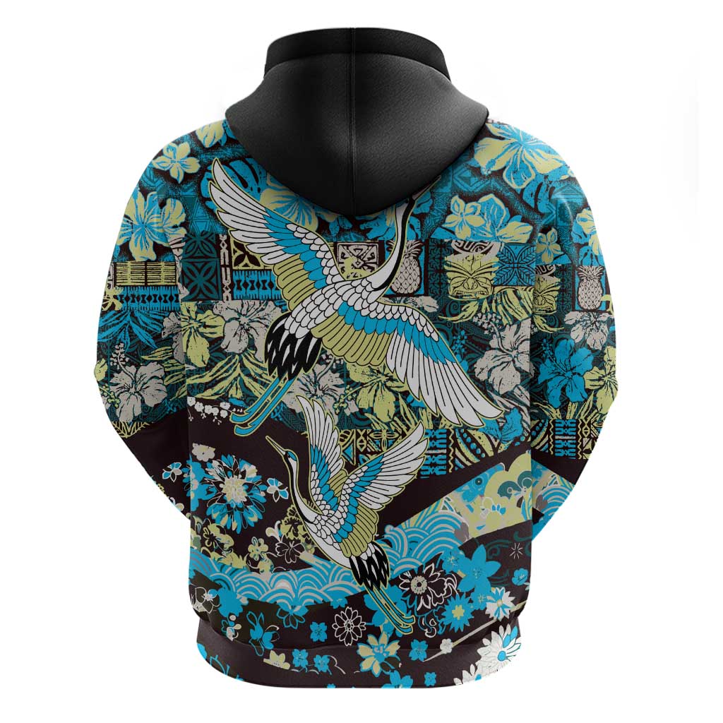 Japanese Hawaiian Crane Hoodie Blue Tapa Patchwork Pattern LT9 - Polynesian Pride