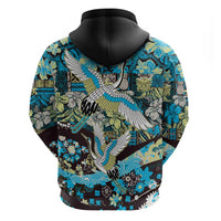 Japanese Hawaiian Crane Hoodie Blue Tapa Patchwork Pattern LT9 - Polynesian Pride