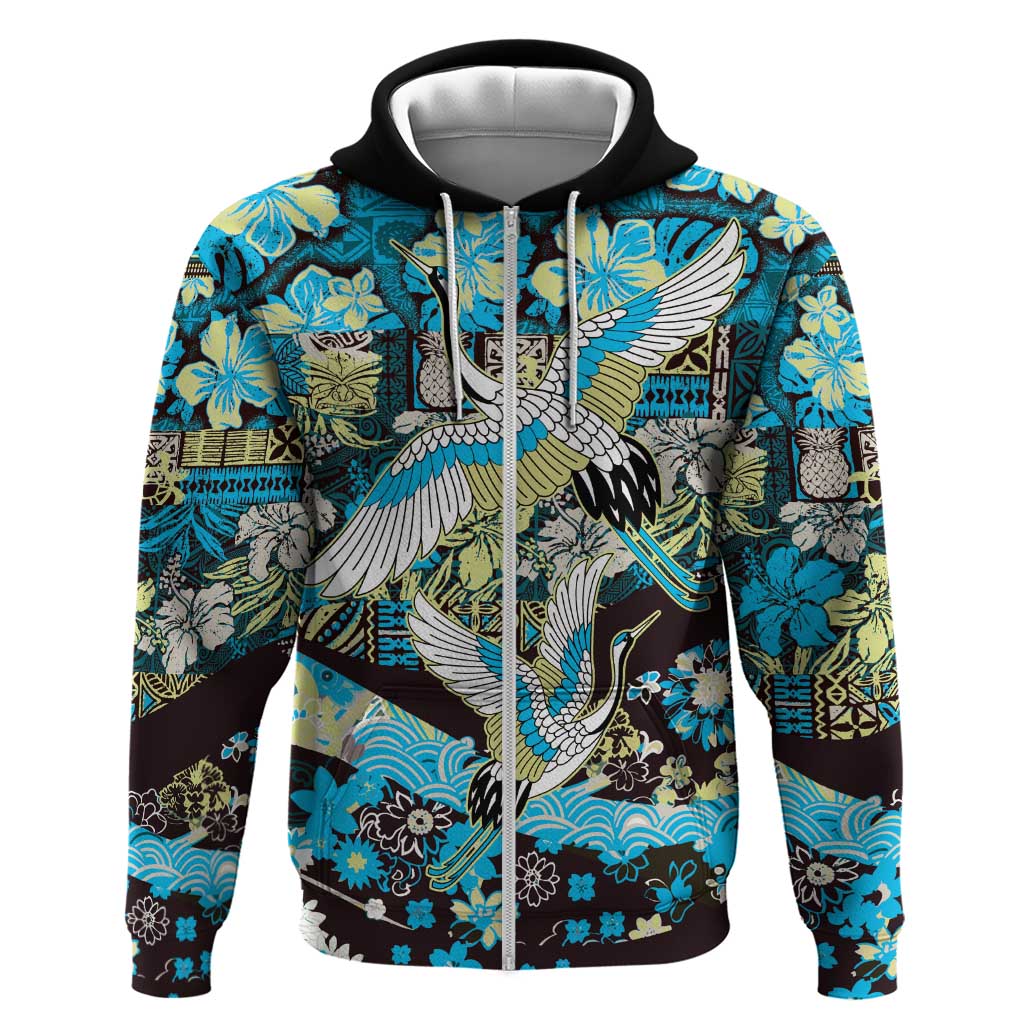 Japanese Hawaiian Crane Hoodie Blue Tapa Patchwork Pattern LT9 Zip Hoodie Blue - Polynesian Pride