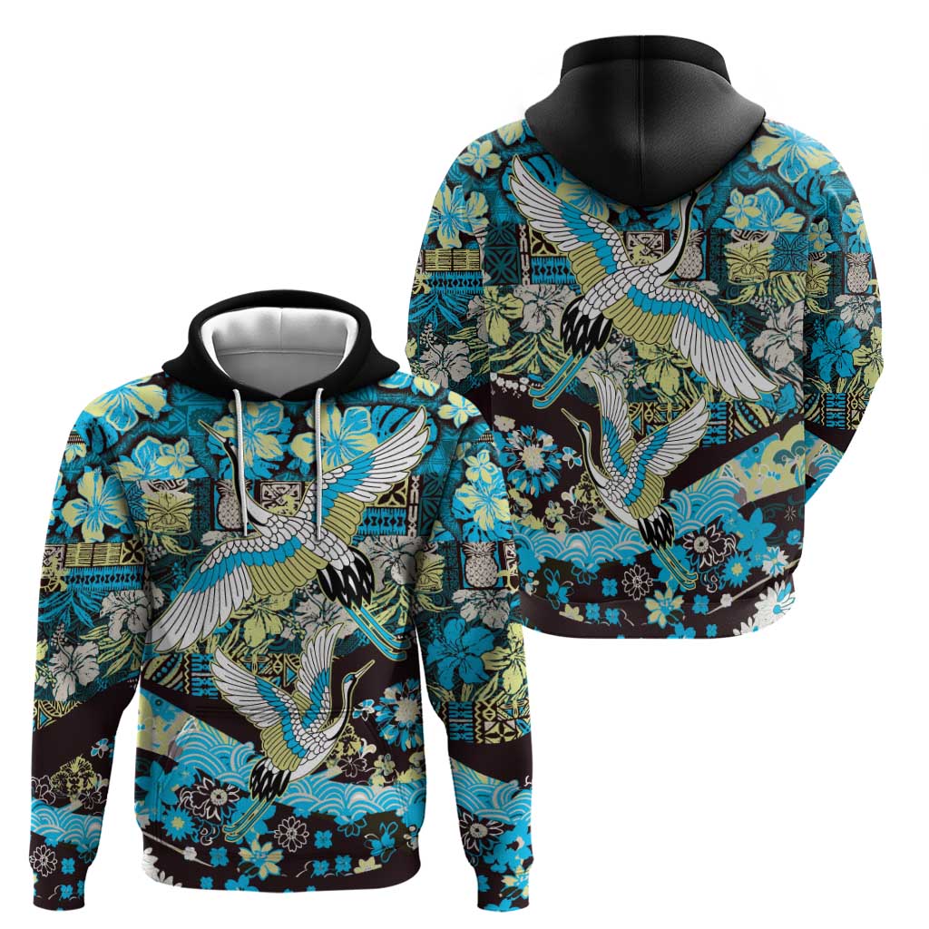 Japanese Hawaiian Crane Hoodie Blue Tapa Patchwork Pattern LT9 - Polynesian Pride